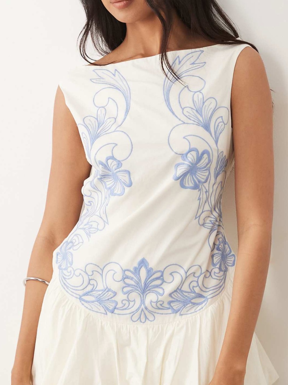 Women’s White Tank Top with Light Blue Embroidered Motif
